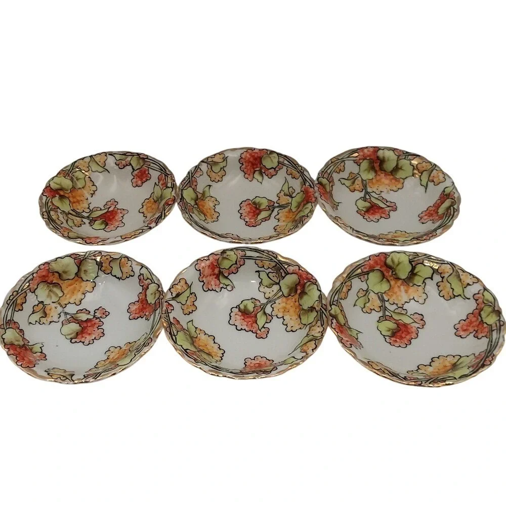 Set‎ of 6 Vintage Nippon Noritake Hand Painted Floral Berry Bowls Gold Trim